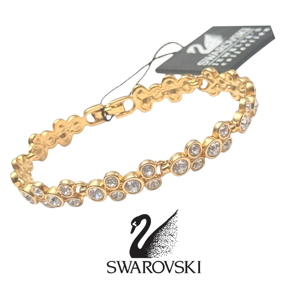 Swarovski Crystal Tennis Bracelet 18k Gold Plated Clear Rhinestones 7.5” New Vtg